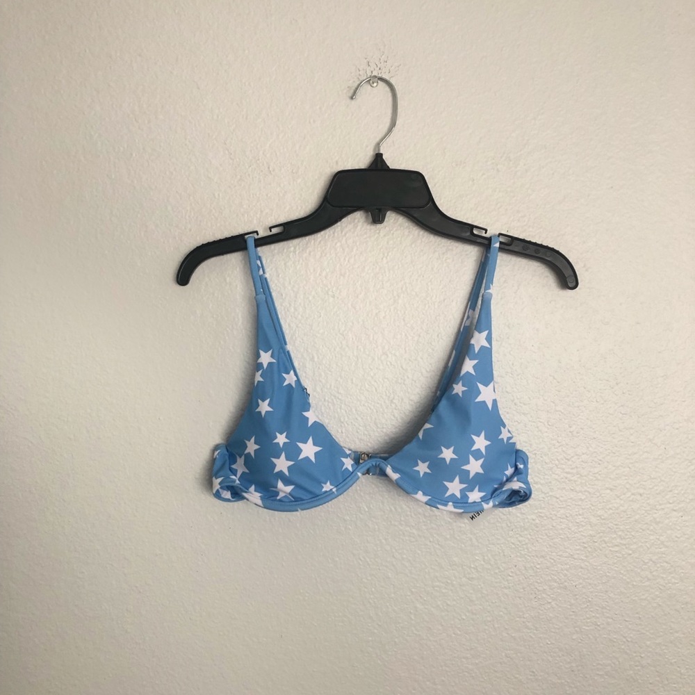 Blue and white star print underwire bikini top